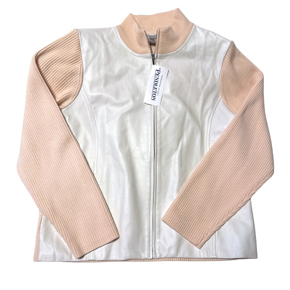 Pendleton Womens Leather & Merino Wool Full Zip Mock Neck Jacket Cream Peach L